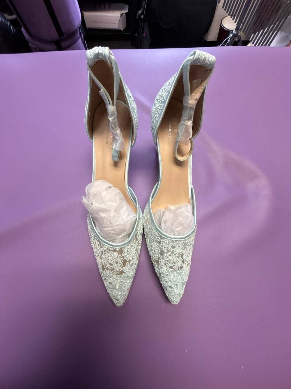 Kailee P Light Blue Crochet Lace Pointy Toe Heels With Ankle Strap